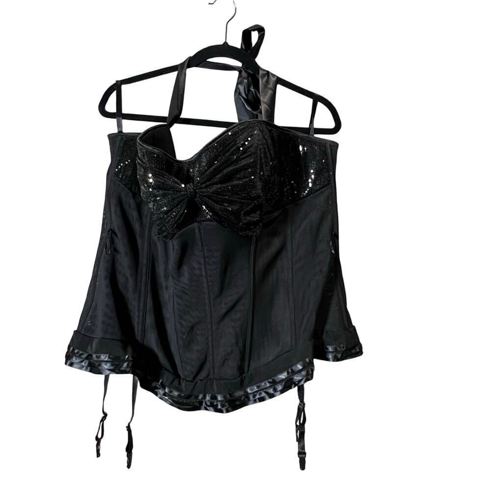 Adore‎ Me Corset Black Hook Eye Bustier Sequin Halter Lingerie Ribbon Garter 4XL